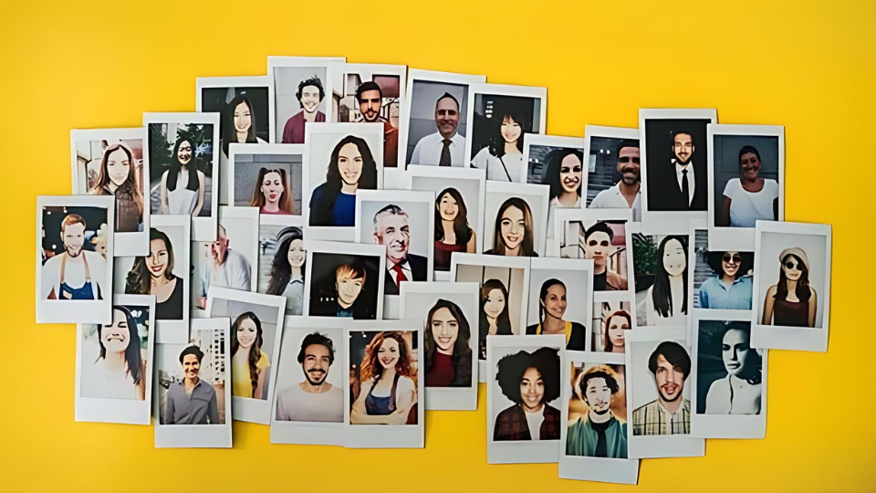 This image features a collage of diverse portraits arranged on a bright yellow background. The photos include individuals of different ages, genders, and ethnicities, all smiling or posing for the photo. The photos are all Polaroid photos.